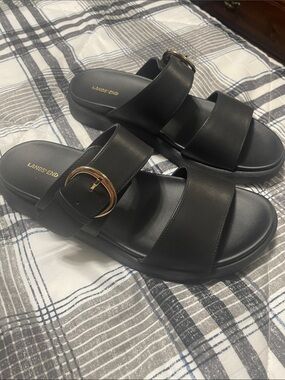 Lands' End Black Slide Sandals with Gold Buckle